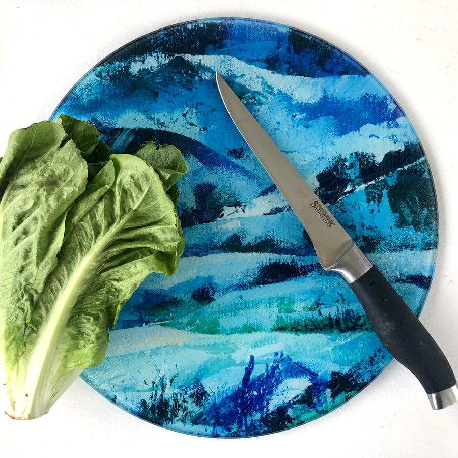 Glass Chopping Board, With Artistic Blue Landscape Design, Round or Rectangular 