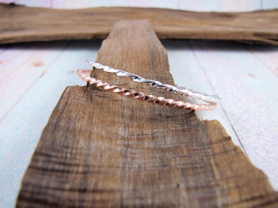 Sterling Silver and Copper Twisted Bangles. Set of Two Bracelets