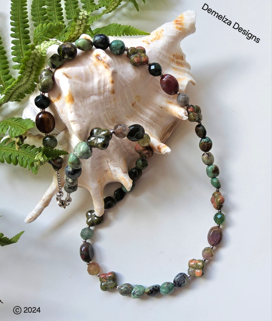 Designer Natual Turquoise, Jasper, Agate & Unikite Sterling Silver Necklace