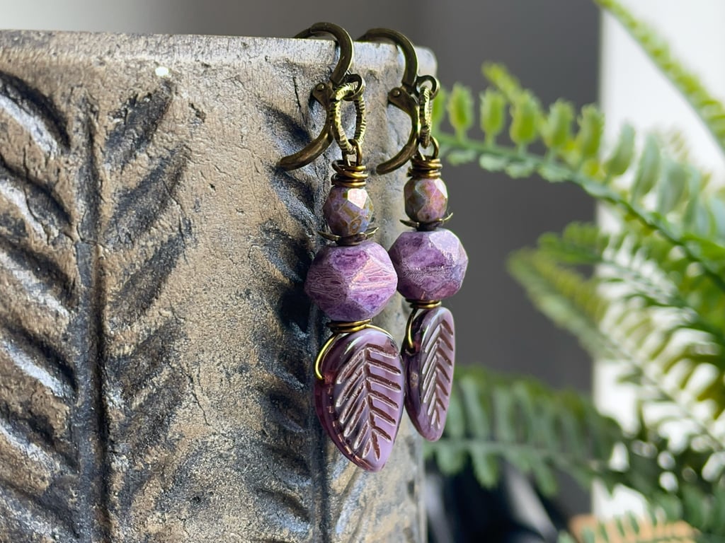 Purple Czech Glass Leaf Earrings with Faceted Beads and Leverback Earwires 