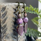 Purple Czech Glass Leaf Earrings with Faceted Beads and Leverback Earwires 