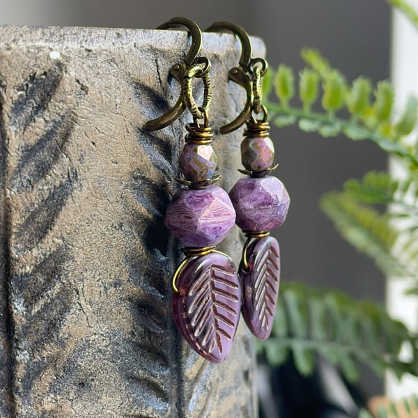 Purple Czech Glass Leaf Earrings with Faceted Beads and Leverback Earwires 