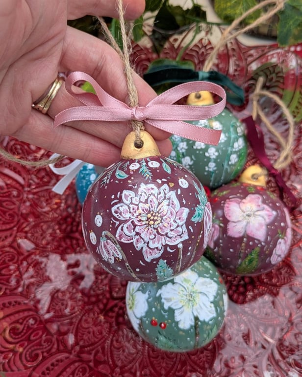Pink Hellebore (Christmas Rose) hand-painted ceramic Christmas bauble