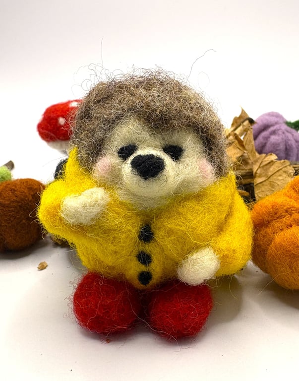 Handmade Needle Felted Autumn Hedgehog, Yellow Coat, Red Wellies, Shopping Bag 