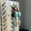 Turquoise Czech Glass Acorn Earrings. Oak Leaf Charm Earrings. Nature Inspired