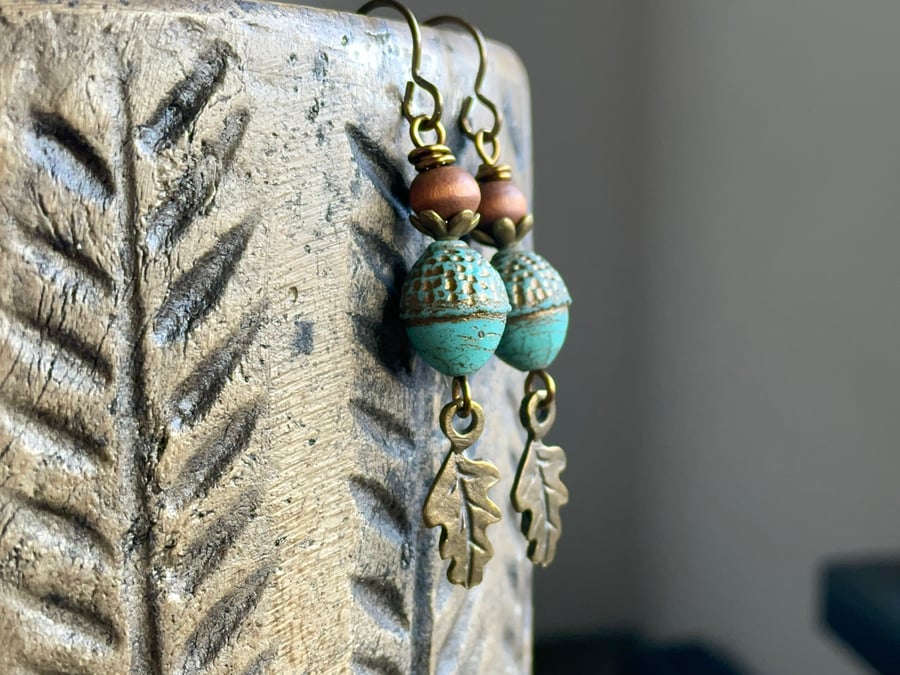 Turquoise Czech Glass Acorn Earrings. Oak Leaf Charm Earrings. Nature Inspired