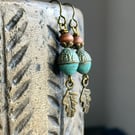 Turquoise Czech Glass Acorn Earrings. Oak Leaf Charm Earrings. Nature Inspired