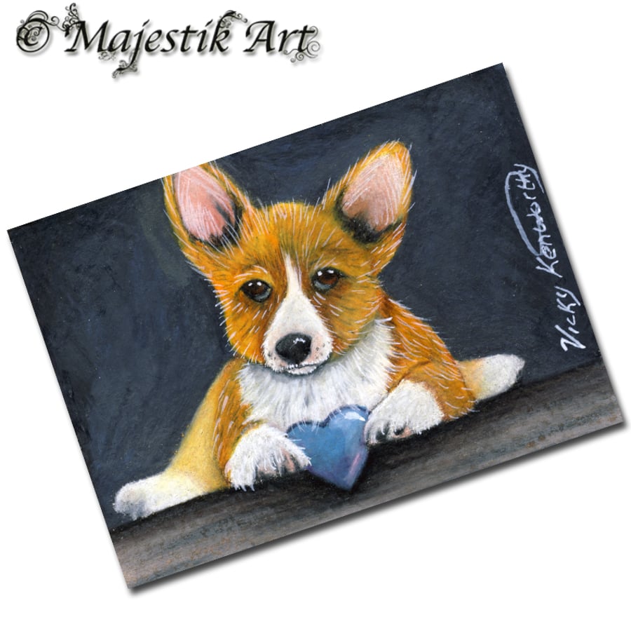 Archival ACEO Corgi Print 'Blue heart' By V Kenworthy