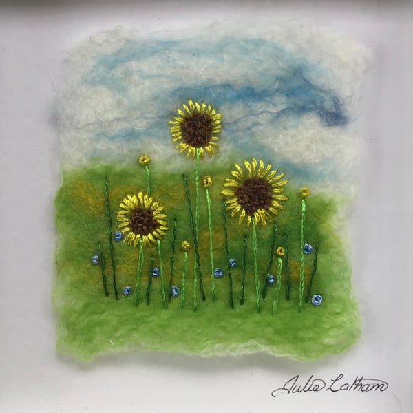 Sunflower Picture, Wool Felt and Embroidery 