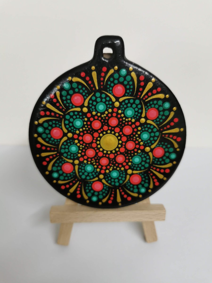 Hand painted red and green mandala Christmas tree ornament