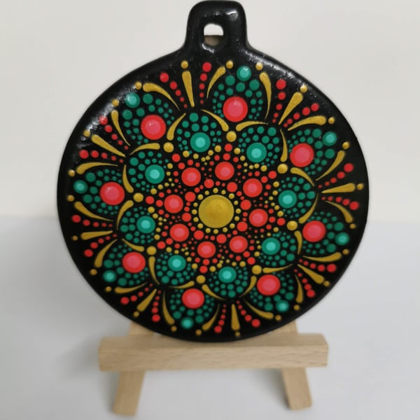 Hand painted red and green mandala Christmas tree ornament