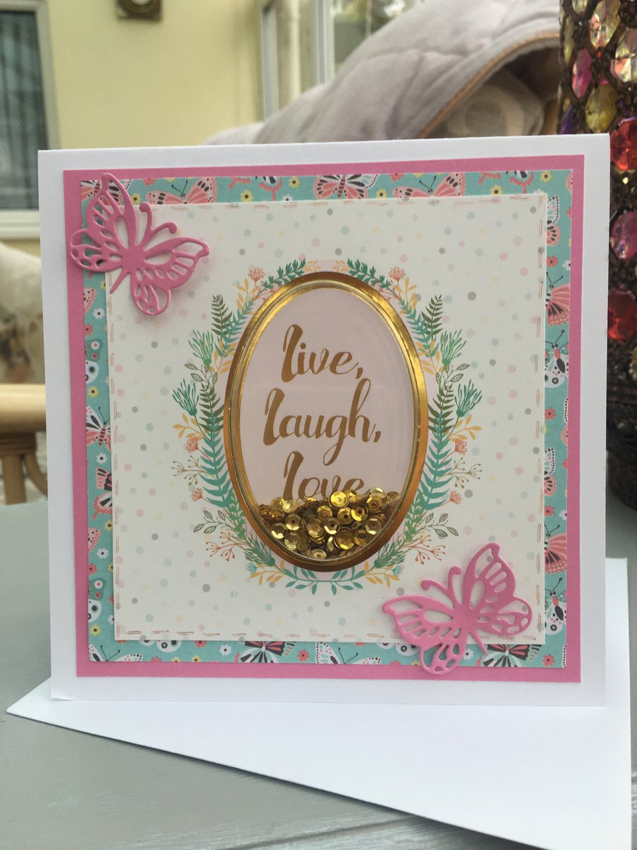 Live, laugh, love butterfly sequin shaker birthday card.