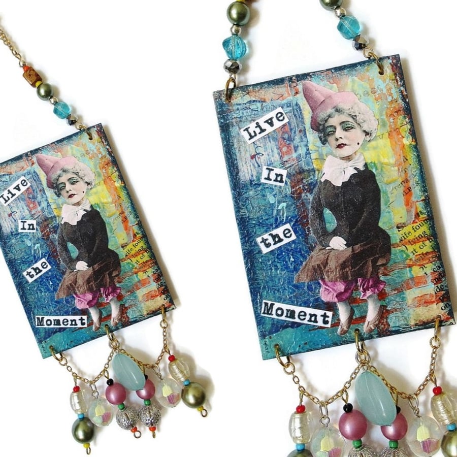 Vintage Style Inspirational Miniature Art ACEO Assemblage Live In The Moment