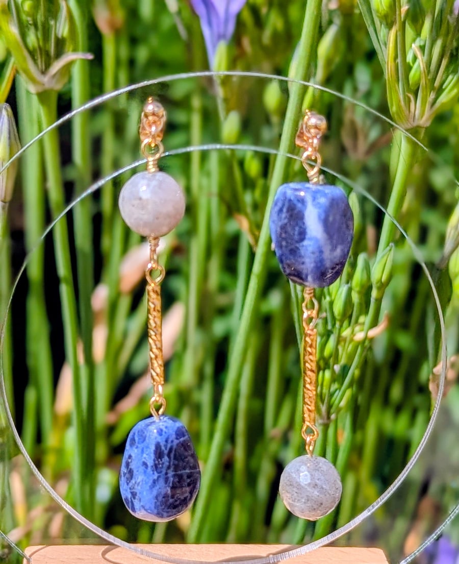 Handcrafted Asymmetric Sodalite & Labradorite Dangle Earrings