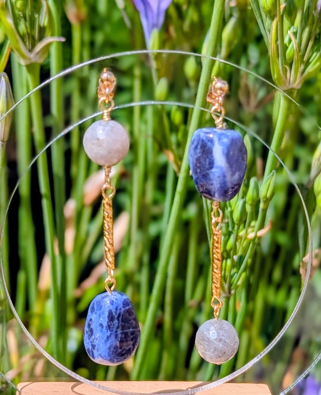 Handcrafted Asymmetric Sodalite & Labradorite Dangle Earrings