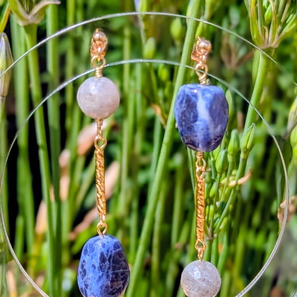 Handcrafted Asymmetric Sodalite & Labradorite Dangle Earrings