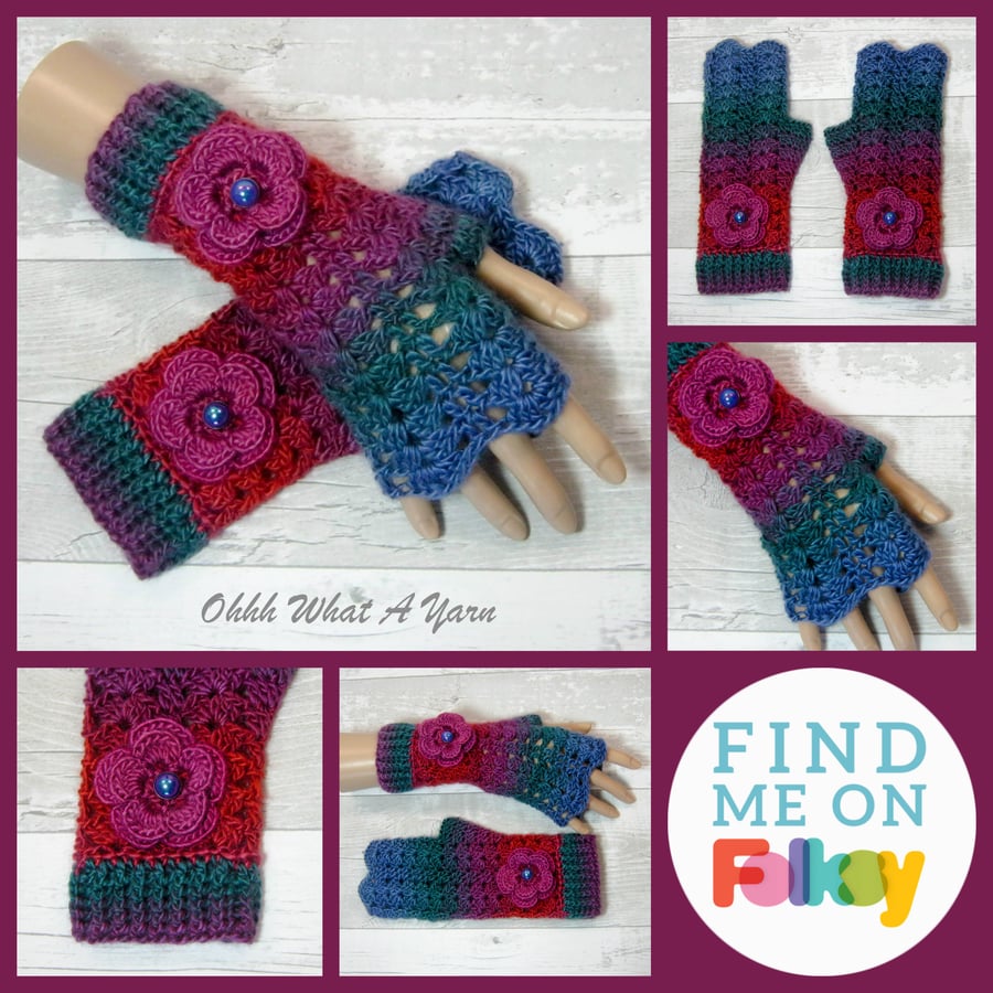 Jewel shades ladies crochet gloves, finger-less gloves, wrist warmers.