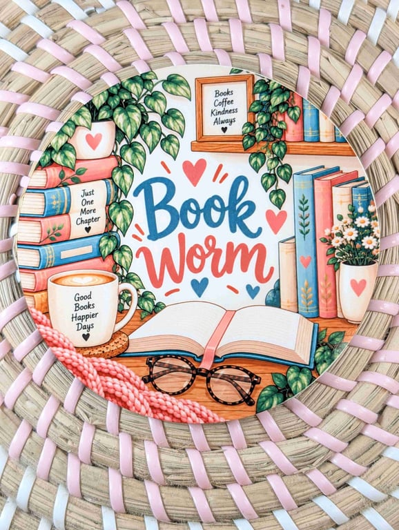 Book lover coaster 'Book Worm' perfect reading gift, home decor, round coaster