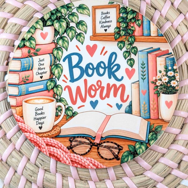 Book lover coaster 'Book Worm' perfect reading gift, home decor, round coaster