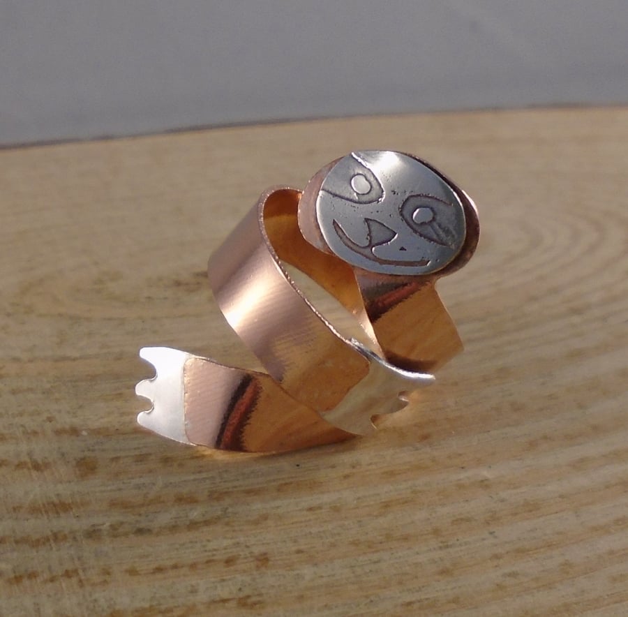 Copper and Sterling Silver Sloth Adjustable Ring