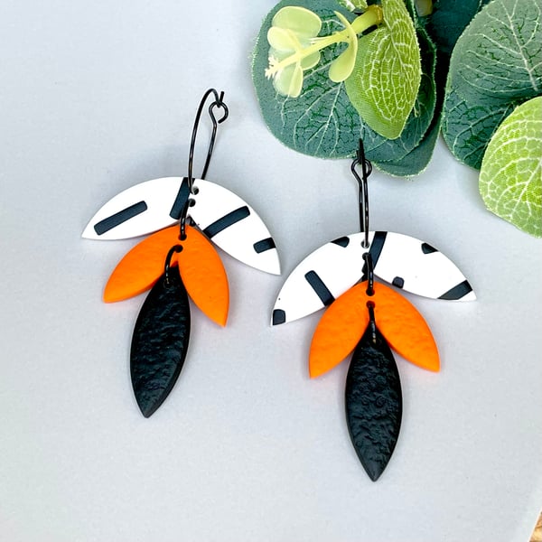 Orange , Black & White Polymer Clay Hoops Earrings 