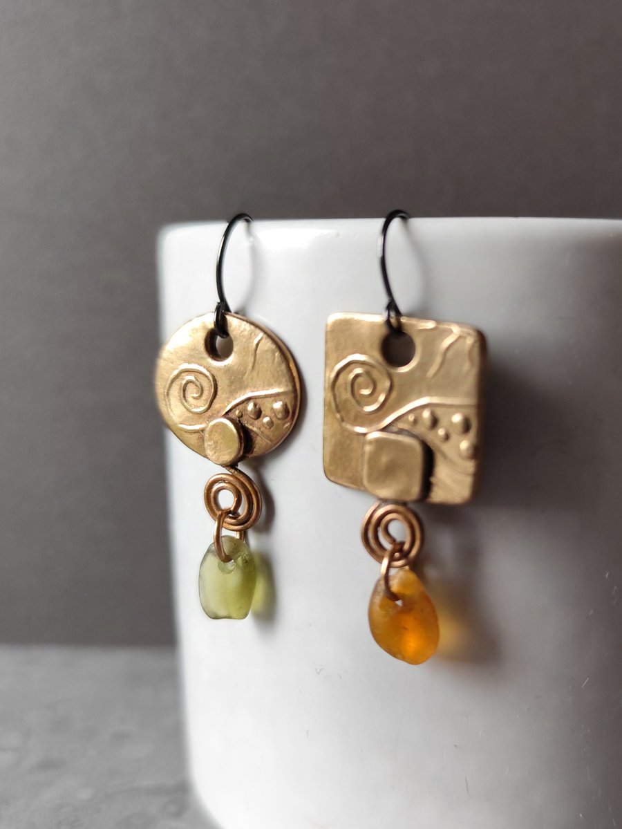 Mis-match Bronze and seaglass drop earrings, recycled material