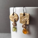 Mis-match Bronze and seaglass drop earrings, recycled material