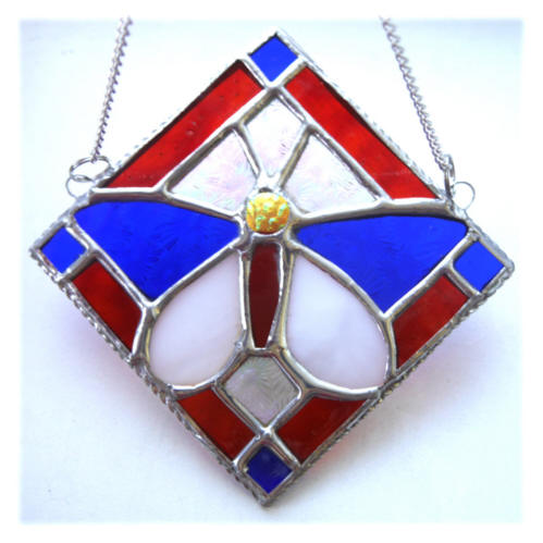 Butterfly Framed Stained Glass Suncatcher Red White Blue Tile