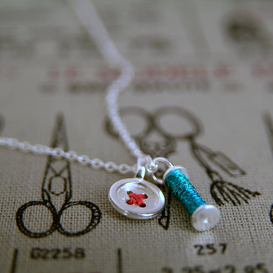 Sewing Charms Necklace, Reel & Button, Sterling Silver & Cotton