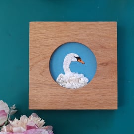 Swan Hand Embroidered Art, oak framed embroidery