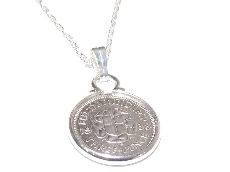 1938 83rd Birthday Anniversary 3D Threepence coin pendant plus 18inch SS chain 8