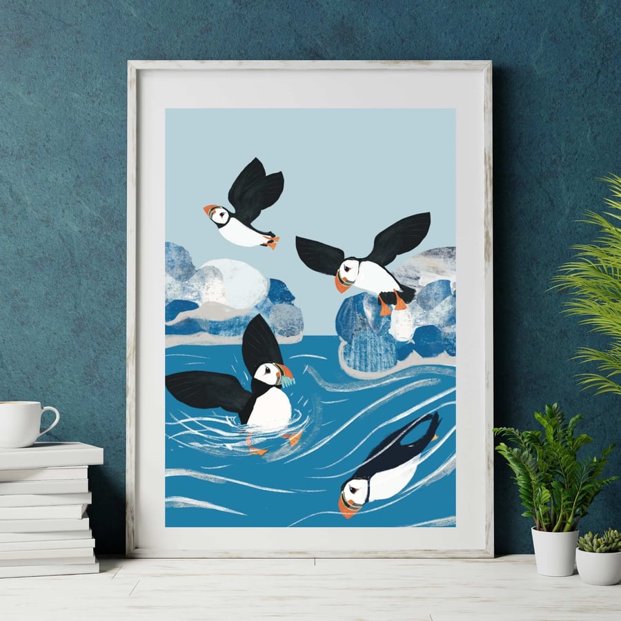 Puffin seaside art print coastal artwork