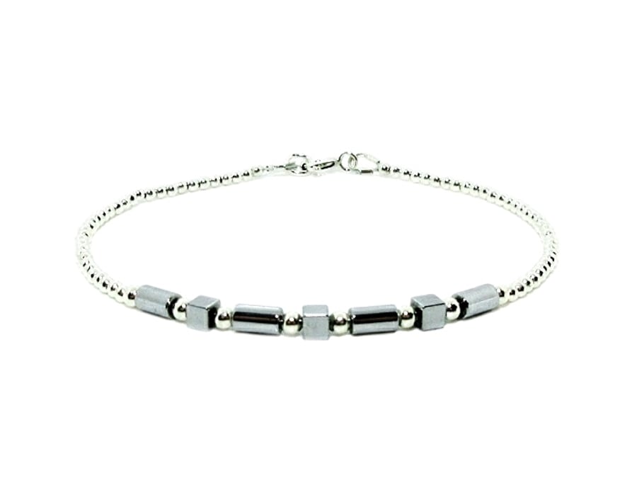 Silver Hematite Tubes & Cubes Skinny Geometric Bracelet With Sterling Silver