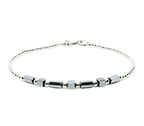 Silver Hematite Tubes & Cubes Skinny Geometric Bracelet With Sterling Silver