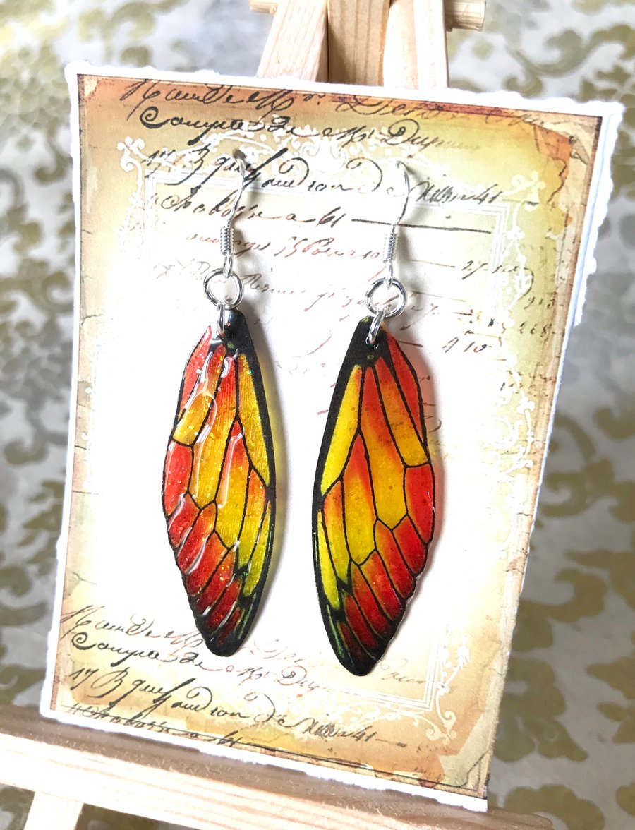 Autumnal Orange and Yellow Fairy Wing Sterling Silver Earrings