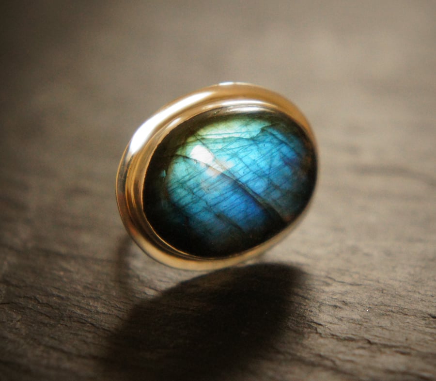 Blue Flash Oval Cabochon Labradorite Ring,Adjustable