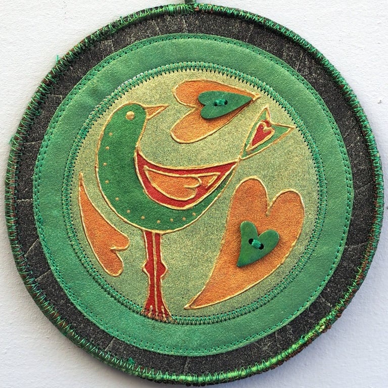 LBM22 - Lovebird Mandala Wall Hanging-15cm diameter - Green-Orange-Copper-Gold