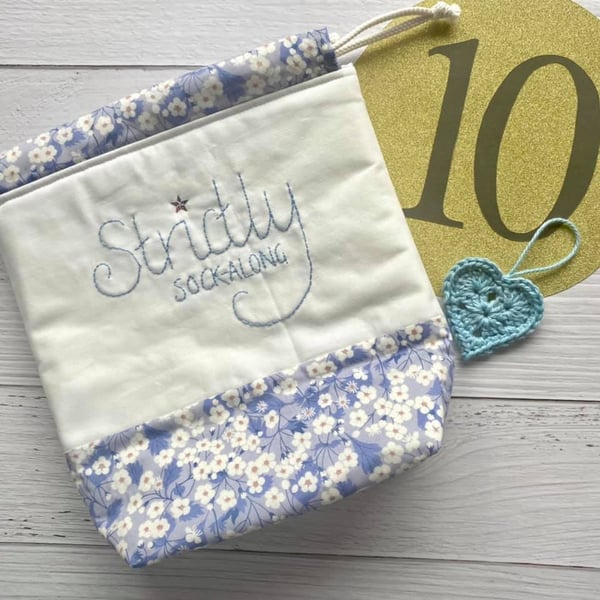 'Strictly Sock-Along' Project Bag with Hand Embroidery - Light Blue