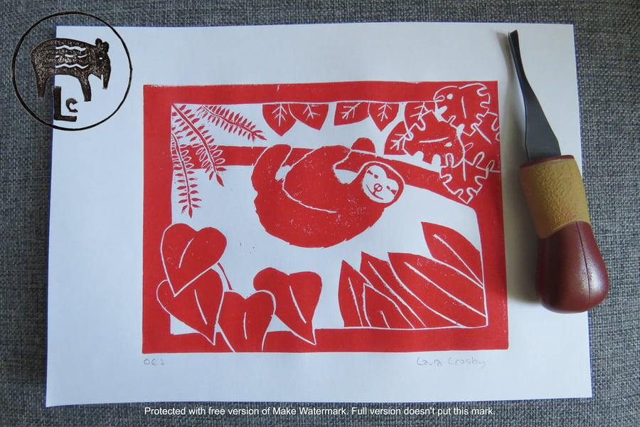 Red Sloth hanging about in rainforest. An original A4 lino print