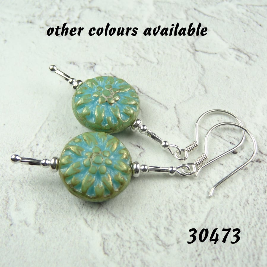 Blue Czech glass drop earrings, sterling silver, dahlia flower, (30473)