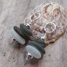 White & Olive Cornish Sea Glass Stack Earrings Marazion, Sterling Silver E672