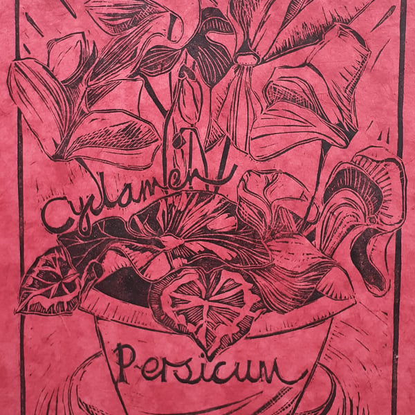 'Cyclamen Persicum', Lino Print in Black on Rose Lokta Paper (VE2)