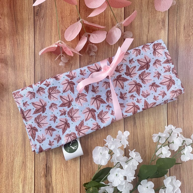 Pink Leafy Brush Wrap Storage for Pens, Pencils, Makeup Brushes, Brush Roll, art