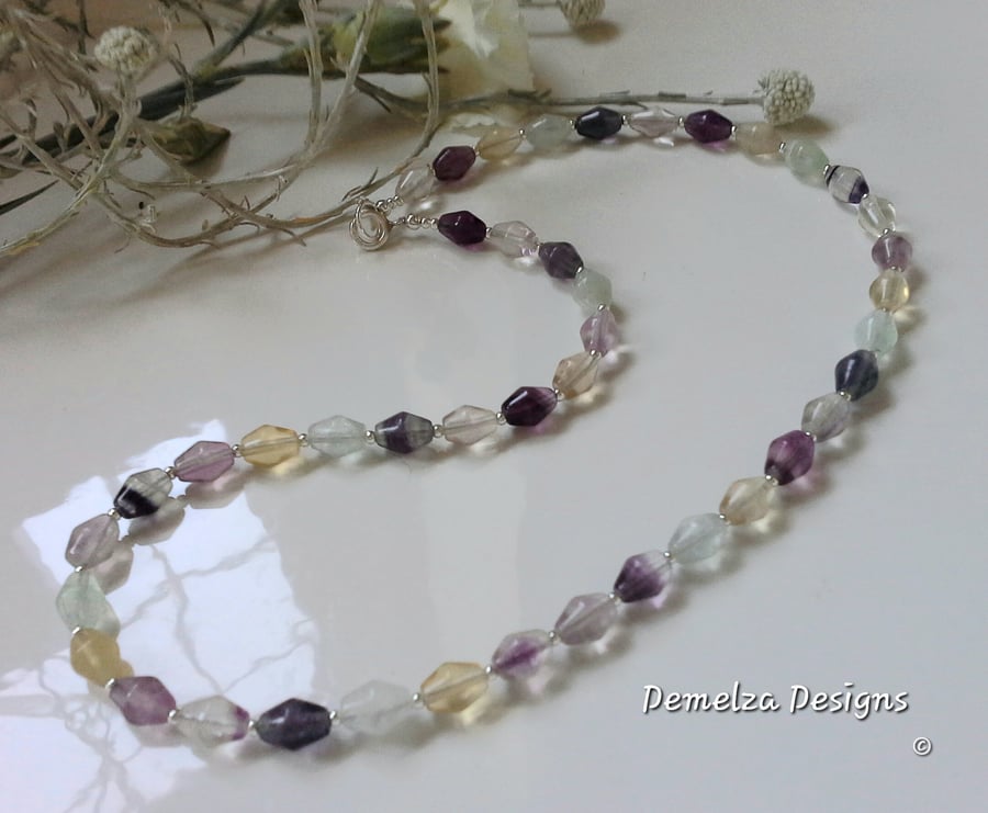 AA Grade Rainbow Bicon Faceted Fluorite Sterling Silver Necklace