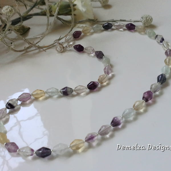 Rainbow Bicon Faceted Fluorite Sterling Silver Necklace