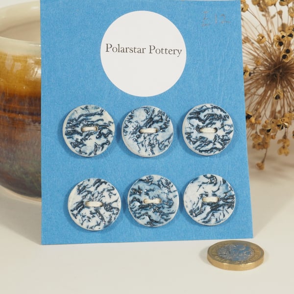 Set of 6 Porcelain Buttons - Chunky edge with Blue organic texture