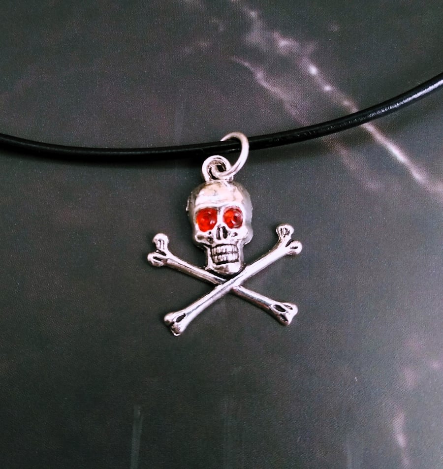 Silver Metal Skull & Cross Bones Pendant on Black 2mm Leather Necklace 18 inch, 