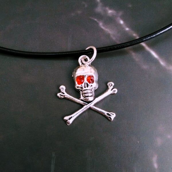 Silver Metal Skull & Cross Bones Pendant on Black 2mm Leather Necklace 18 inch, 