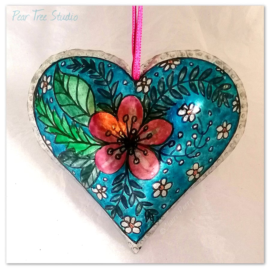 Metal Heart Turquoise with a Pink flower. Hanging Decoration.