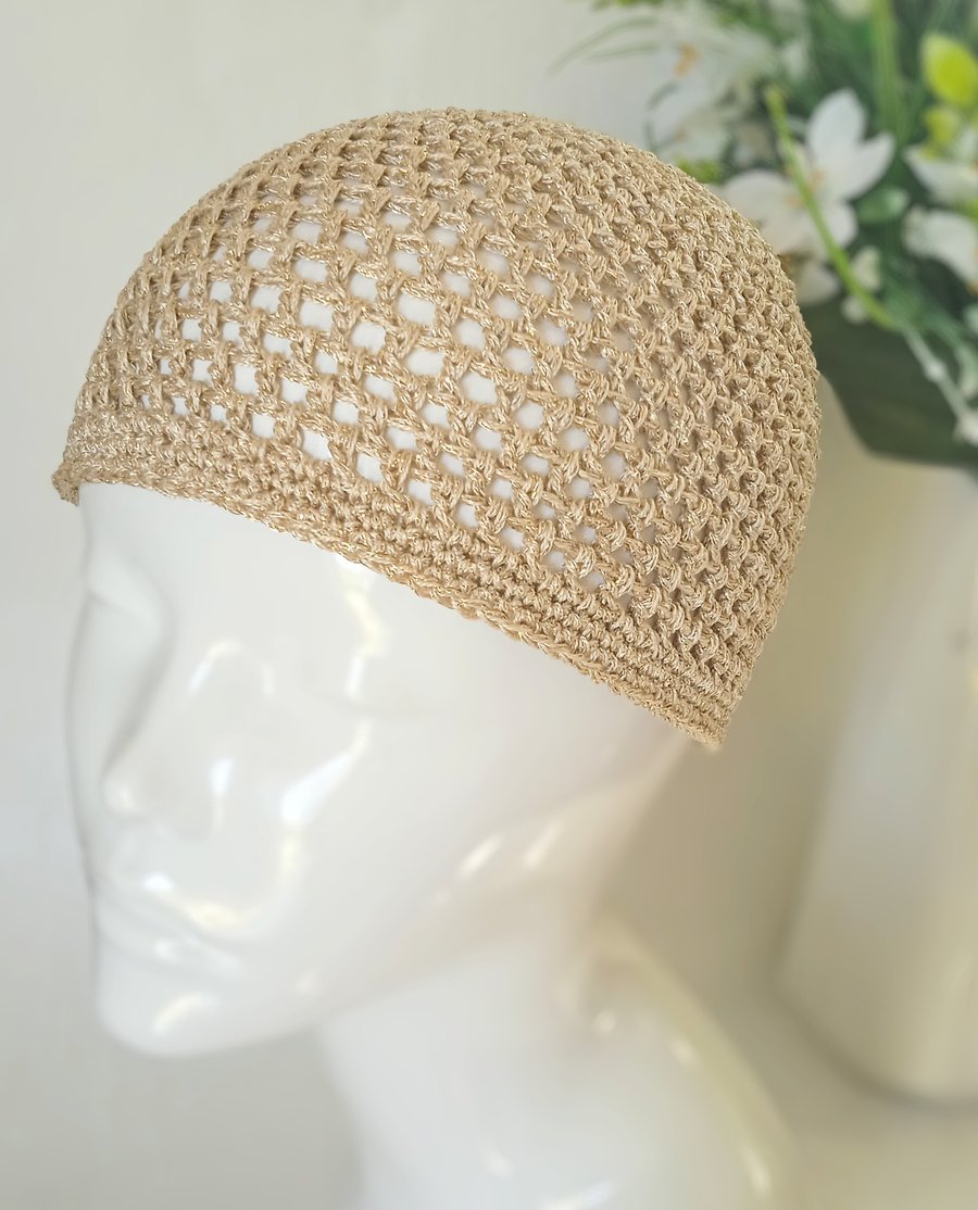 Sparkly Gold Crochet Mesh Skull Cap